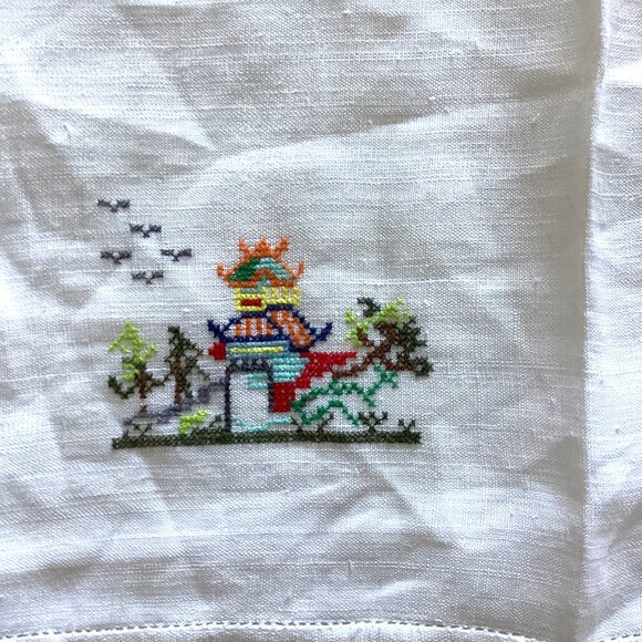 3 Vintage Embroidered Arm Chair Backs White Cotton Linen Table Runners - Picture 6 of 11